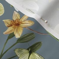 Botanical with White Lilies,  Daffodils,  Arum Lilies and Butterflies, Cool Gray Background Small Scale