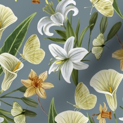 Botanical with White Lilies,  Daffodils,  Arum Lilies and Butterflies, Cool Gray Background Small Scale