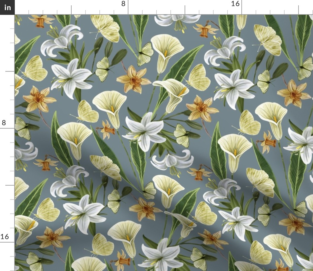 Botanical with White Lilies,  Daffodils,  Arum Lilies and Butterflies, Cool Gray Background Small Scale