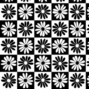 Retro Daisy Flower Checker - Floral Checkerboard - Black & White