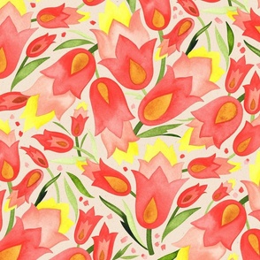 Larger Scale // Watercolor Painted Scattered Floral in warm coral red, bright yellow, golden ochre, and green