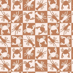 SMALL NOVELTY BEACH CRAB LOBSTER MUTED NEUTRAL CHECKERBOARD-COPPER BROWN-EGGSHELL WHITE-BLACK