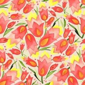 Medium Scale // Watercolor Painted Scattered Floral in warm coral red, bright yellow, golden ochre, and green