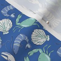 Shellfish in blue, green and white illustration for summer beach kids with lobsters, crabs, prawns and scallops