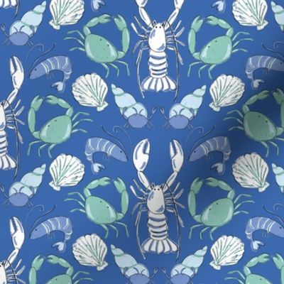 Shellfish in blue, green and white illustration for summer beach kids with lobsters, crabs, prawns and scallops