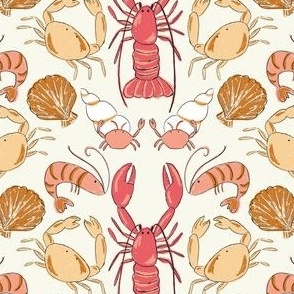 Shellfish in warm neutral tones illustration for summer beach kids with lobsters, crabs, prawns and scallops