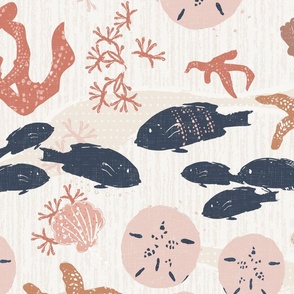 Ocean Fish (L) Shells and Boho Coral Salmon Pink Navy on Tan and Ivory