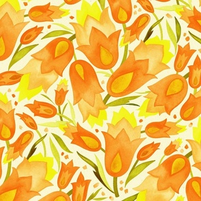 Larger Scale // Watercolor Painted Scattered Floral in warm orange, yellow, and golden green
