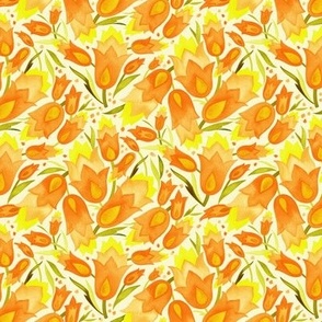 Smaller Scale // Watercolor Painted Scattered Floral in warm orange, yellow, and golden green