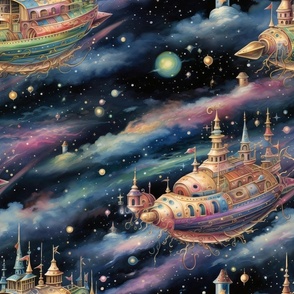 Steampunk Fantasy Zeppelins in Space with Stars Planets and Clouds Night Sky