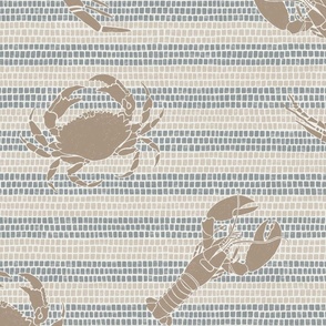 Lobster, prawns and crabs on nautical mosaic stripe background in blue, beige and brown