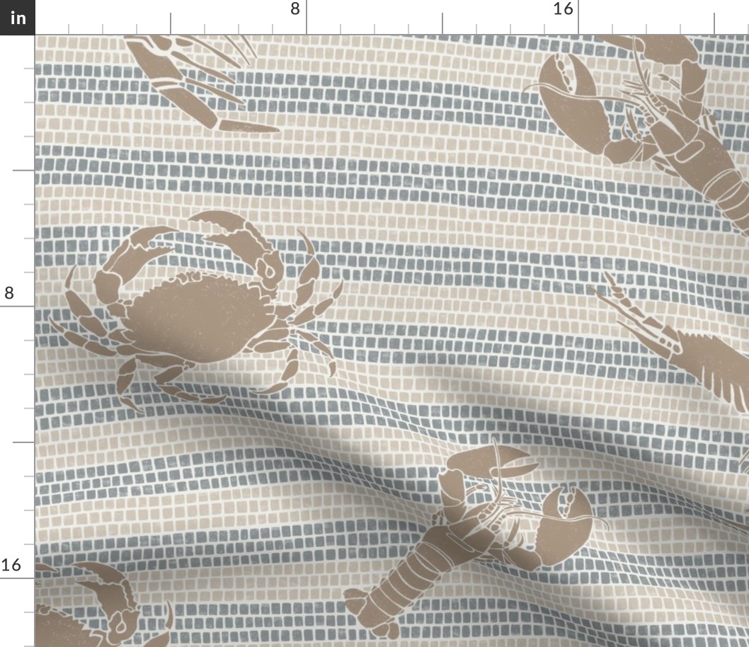 Lobster, prawns and crabs on nautical mosaic stripe background in blue, beige and brown