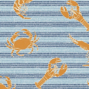 Lobster, prawns and crabs on nautical mosaic stripe background in indigo sky blue and orange