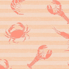 Lobster, prawns and crabs on nautical mosaic stripe background in peach fuzz and coral pink