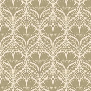 Single Flower Arts and Crafts Damask in sage and ivory.