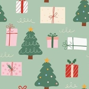 Small / Christmas Trees and Christmas Presents in Pink and Red on Green