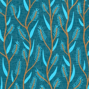 mid mod Grasses,  on linen in turquoise and copper brown, (xl) 