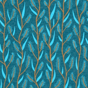 mid mod grasses,  on linen in deep teal, turquoise and copper brown (l) 