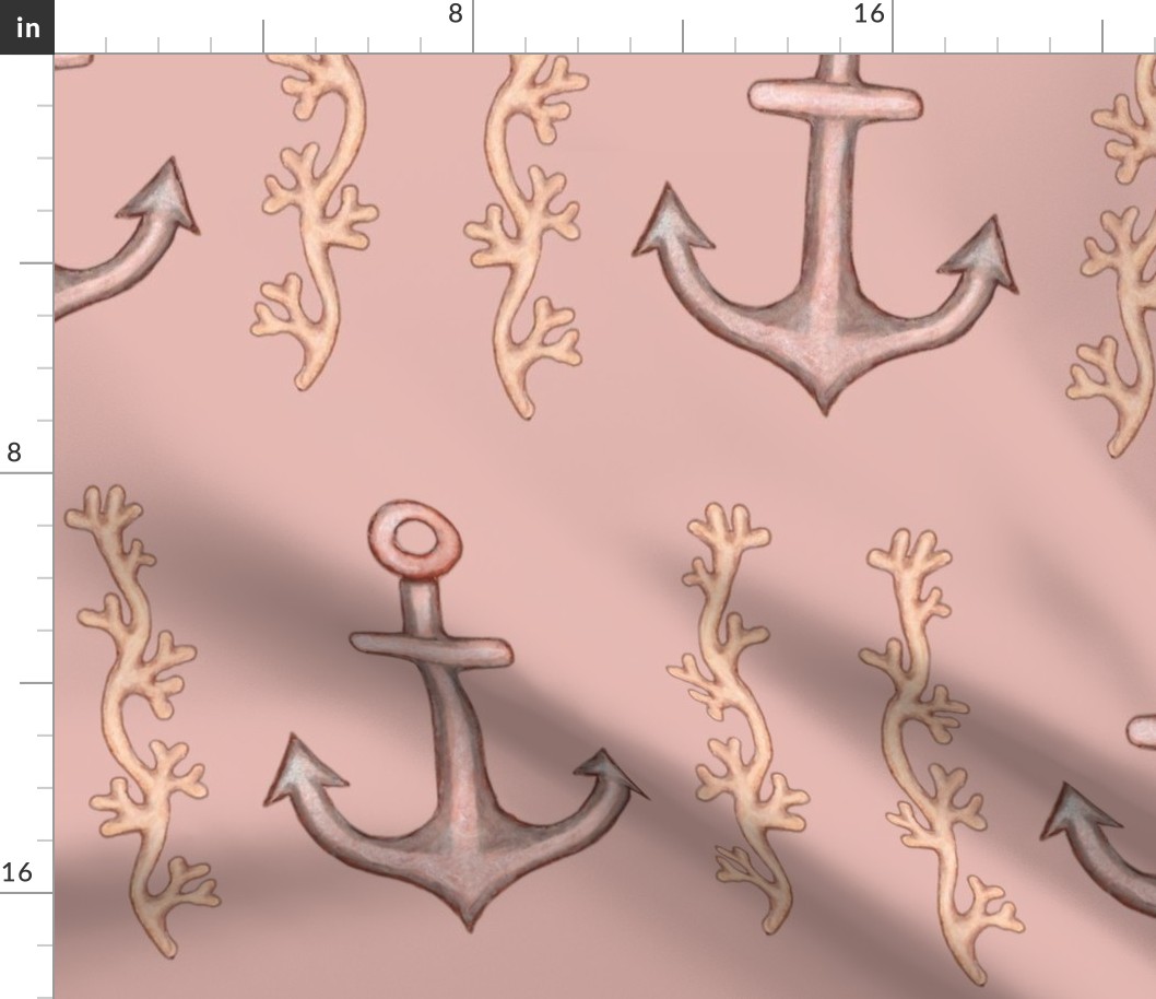 nautical anchor and seaweed on blush background