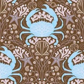 Detailed crabs with sea life, shells, seaweed, starfish and pearls in sky blue on a chocolate brown background, small