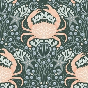 Detailed crabs with sea life, shells, seaweed, starfish and pearls in pastel peach muted green on dark green, small