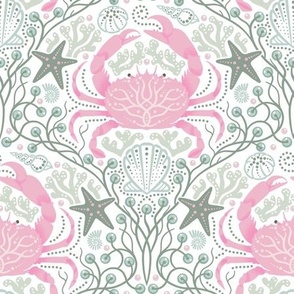 Detailed crabs with sea life, shells, seaweed, starfish and pearls in pastel pink muted green and blue, small