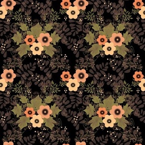brown yellow flowers on a black retro background