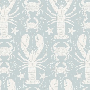 Crustacean core lobsters & crabs linocut - medium scale_  aqua blue