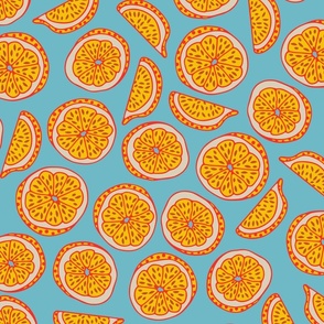 LEMON SLICES Retro Tossed Tropical Citrus Fruit Vintage Line-Drawing Yellow Red Blue - LARGE Scale - UnBlink Studio by Jackie Tahara