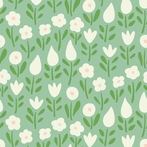 Flowers - green pink & off-white