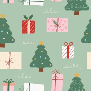 Medium / Christmas Trees and Christmas Presents in Pink and Red on Green