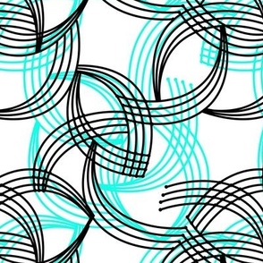 Abstract pattern with curved black and turquoise lines on a white background 
