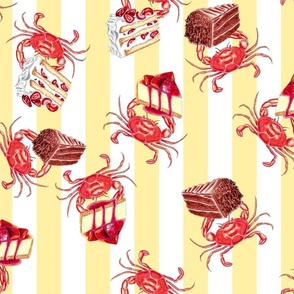 Crustacean Crab Cakes Hand Painted Whimsical Crabs on Yellow Stripe with Cake