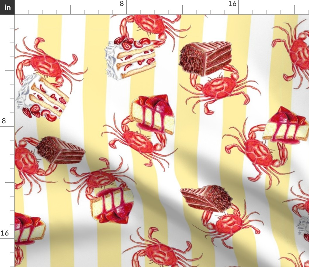 Crustacean Crab Cakes Hand Painted Whimsical Crabs on Yellow Stripe with Cake