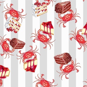 Crustacean Crab Cakes Hand Painted Whimsical Crabs on Grey Stripe with Cake