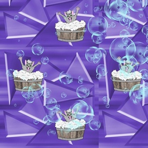 Cat in a Wash Tub w/Bubbles & Funky Geometric Background [purple]