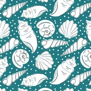 White tossed Shells on Teal with faux textured linen
