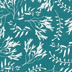 White Floating seaweed on teal faux linen textured background