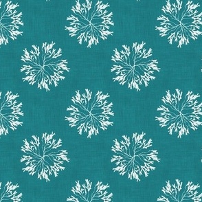 White Seaweed Flowers on teal faux linen textured background