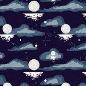 Moonlight Clouds Over Ocean - Navy Blue