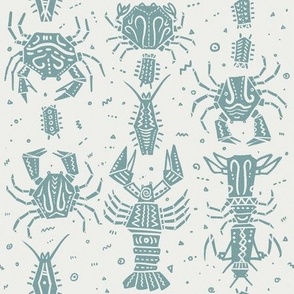 Turquoise monochrome Crustacean in Linocut- decorated
