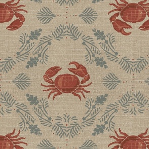 Flax linen-look crab damask red green