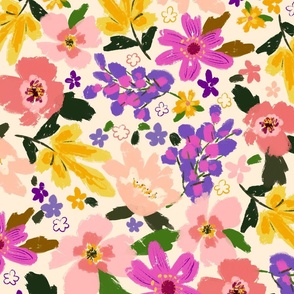 Boho chic colorful gouache floral on cream 