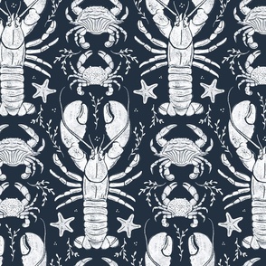 Crustacean core lobsters & crabs linocut- medium scale_ navy  blue 