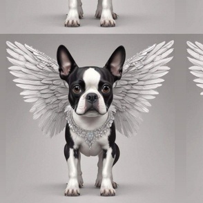 Angel Boston Terrier Dog with  angel  wings gray background 16 x 15