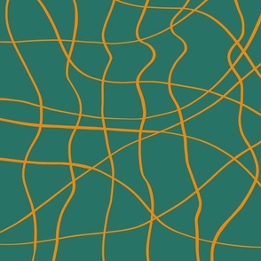 LARGE - Flowing ribbons intertwined to form a wavy net - pine green and tangerine

