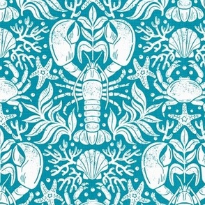 Lobster and crab damask teal blueWB24 medium scale