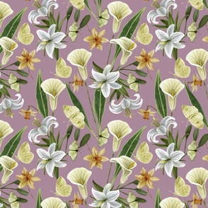 Botanical with White Lilies,  Daffodils,  Arum Lilies and Butterflies, Dusty Pink Background Small Scale