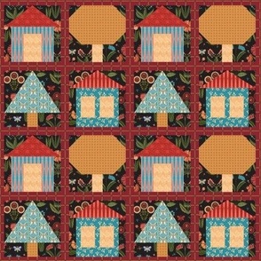 257 - Small scale cheater quilt modern stylized floral in warm red, rust, yellow and turquoise,