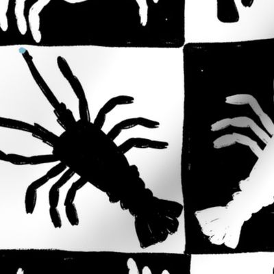 LARGE HAND DRAWN NOVELTY BEACH CRAB LOBSTER BRIGHT CHECKERBOARD-BLACK-WHITE-PASTEL BABY BLUE